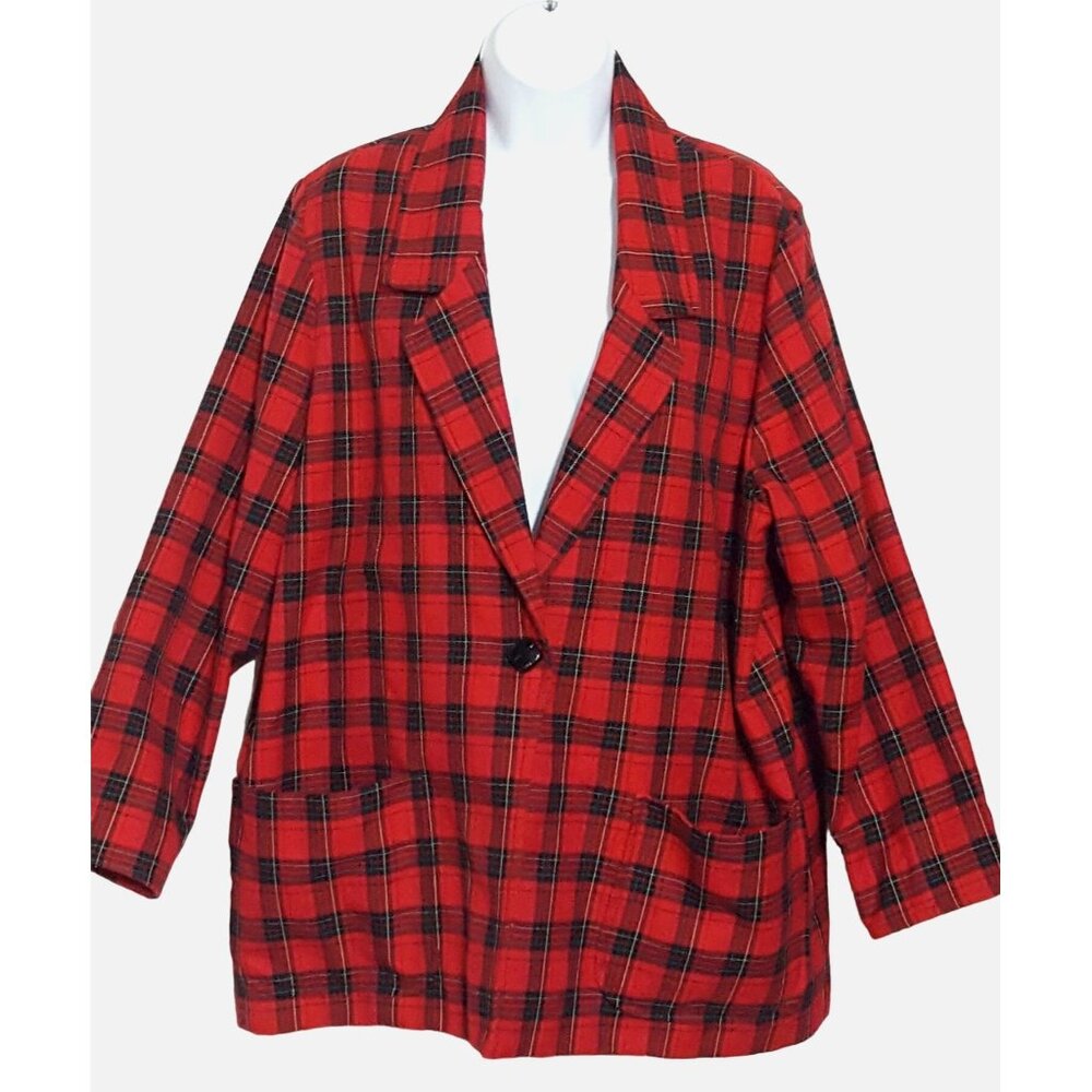 Vintage Womens Blazer Jacket Red‎ Plaid One Button 1X Petite